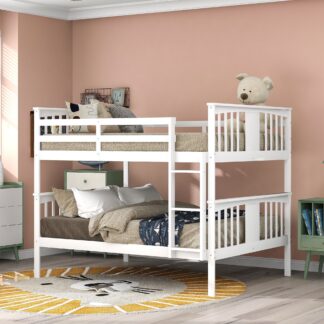 Kumix Full over Full Bunk Bed, Wood Bunk Bed with Full Length Guardrail and Build-in Ladder for Kids Teens Adults, Heavy Duty Bunk Bed Able to Split, 2 in 1 Bunk Beds, Noise-Free, White