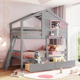 Kumix Twin over Twin Bunk Bed, Wood Bunk Bed with Drawers, Storage Box and Shelf for Kids Teens Adults, Space-Saving Bunk Bed Frame with Safety Guardrail and Ladder, 2 in 1 Bunk Bed, Gray