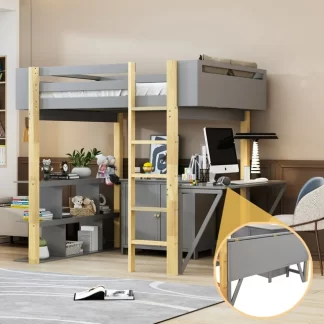 Kumix Loft Bed Full Size, Wood Loft Bed with Built-in Storage Cabinet and Shelves, Foldable Desk for Kids Teens Adults, Heavy Duty Loft Bed with Safety Guardrail and Ladder for Bedroom, Gray