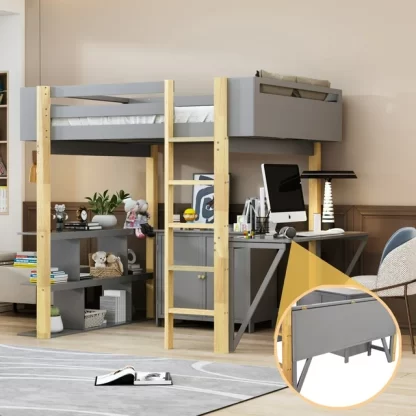 Kumix Loft Bed Full Size, Wood Loft Bed with Built-in Storage Cabinet and Shelves, Foldable Desk for Kids Teens Adults, Heavy Duty Loft Bed with Safety Guardrail and Ladder for Bedroom, Gray