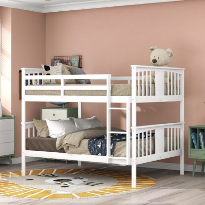 Kumix Full over Full Bunk Bed, Wood Bunk Bed with Full Length Guardrail and Build-in Ladder for Kids Teens Adults, Heavy Duty Bunk Bed Able to Split, 2 in 1 Bunk Beds, Noise-Free, White