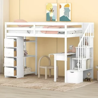 Kumix Loft Bed Twin Size with Desk, Wood Loft Bed with Storage Drawers, Shelves and Storage Stairs for Kids Teens Adults, Wooden Loft Bed Frame with Full Length Guardrail for Bedroom, White