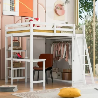 Kumix Loft Bed Full Size, Wood Loft Bed with Wardrobe and Desk, Full Length Guardrail, Ladder for Kids Teens Adults, Heavy Duty Loft Bed Frame for Bedroom, Space-Saving, Noise-Free, White