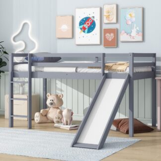 Kumix Loft Bed with Slide, Twin Size Loft Bed with Full Length Guardrail and Build-in Ladder for Kids Teens, Boys/Girls, Wood Loft Bed for Bedroom, Dorm, Noise-Free, No Box Spring Needed, Gray