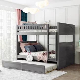 Kumix Bunk Bed with Trundle, Full over Full Bunk Bed with Full Length Guardrail and Build-in Ladder for Kids Teens Adults, Wood Bunk Bed Can Convertible into 2 Beds, Noise-Free, Gray