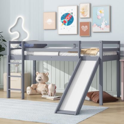 Kumix Loft Bed with Slide, Twin Size Loft Bed with Full Length Guardrail and Build-in Ladder for Kids Teens, Boys/Girls, Wood Loft Bed for Bedroom, Dorm, Noise-Free, No Box Spring Needed, Gray