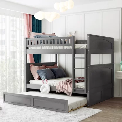Kumix Bunk Bed with Trundle, Full over Full Bunk Bed with Full Length Guardrail and Build-in Ladder for Kids Teens Adults, Wood Bunk Bed Can Convertible into 2 Beds, Noise-Free, Gray