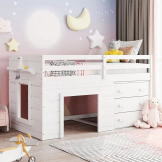 Kumix Loft Bed Twin Size, Wood Loft Bed with Drawers, Shelf, Full Length Guardrail and Ladder for Kids Teens Adults, Space-Saving, Spacious Under Bed Space, Noise-Free, Easy Assembly, White