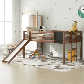Kumix Loft Bed Twin Size with Slide, Wood Loft Bed with Blackboard, Full Length Guardrail and Ladder for Kids Teens Boys/Girls, Space-Saving Loft Bed Frame for Bedroom, Noise-Free, Walnut