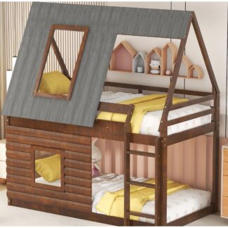 Kumix House Bunk Bed for Kids, Twin over Twin Bunk Bed with Storage Stair, Full Length Guardrail and Ladder for Boys/Girls, Wood Low Bed for Toddler, No Box Spring Needed, Brown