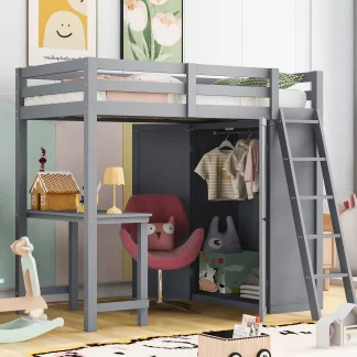Kumix Loft Bed Twin Size, Wood Loft Bed with Wardrobe and Desk, Full Length Guardrail, Ladder for Kids Teens Adults, Heavy Duty Loft Bed Frame for Bedroom, Space-Saving, Noise-Free, Gray