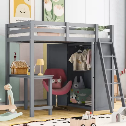 Kumix Loft Bed Twin Size, Wood Loft Bed with Wardrobe and Desk, Full Length Guardrail, Ladder for Kids Teens Adults, Heavy Duty Loft Bed Frame for Bedroom, Space-Saving, Noise-Free, Gray