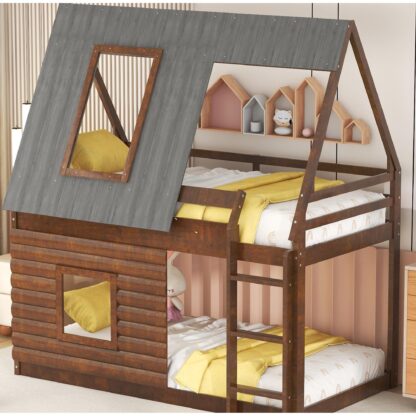 Kumix House Bunk Bed for Kids, Twin over Twin Bunk Bed with Storage Stair, Full Length Guardrail and Ladder for Boys/Girls, Wood Low Bed for Toddler, No Box Spring Needed, Brown