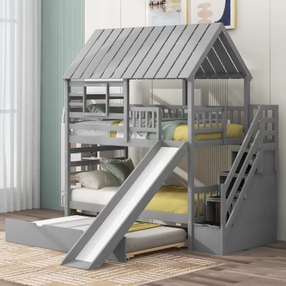 Kumix House Bunk Bed with Slide, Twin over Twin Bunk Bed for Kids Teens with Trundle, Staircase, Full Length Guardrail, Wood Bunk Bed Frame for Bedroom, Noise-Free, No Box Spring Needed, Gray