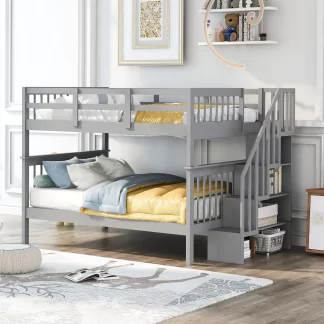 Kumix Full over Full Bunk Bed, Wood Bunk Bed with Storage Staircase, Full Length Guardrail for Kids Teens Adults, Heavy Duty Bunk Bed Frame Able to Split, 2 in 1 Bunk Bed, Noise-Free, Gray
