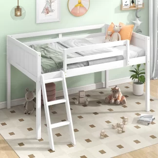 Kumix Loft Bed Twin Size, Wood Loft Bed with Full Length Guardrail and Convertible Inclined Ladder for Kids Teens Adults, Heavy Duty Loft Bed for Bedroom, Under Bed Storage, Noise-Free, White
