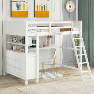 Kumix Loft Bed Full Size, Wood Loft Bed with 6 Drawers, Desk, Shelves for Kids Teens Adults, Space-Saving Loft Bed with Full Length Guardrail and Ladder for Bedroom, Noise-Free, White
