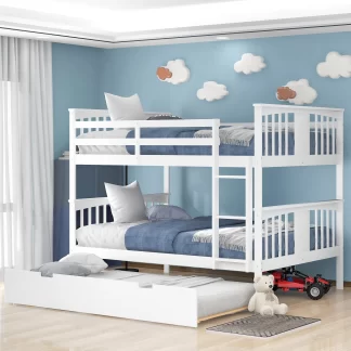 Kumix Bunk Bed with Trundle, Full over Full Bunk Bed for Kids Teens Guests with Full Length Guardrail and Ladder, Wood Bunk Bed Able to Split, Easy Assembly, 2 Bunk Bed in 1, Noise-Free, White