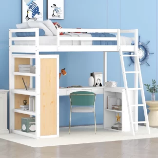 Kumix Loft Bed Twin Size with Desk, Wood Loft Bed with Shelves, Full Length Guardrail, Ladder for Kids Teens Adults, Heavy Duty Loft Bed Frame for Bedroom, Space-Saving, Noise-Free, White