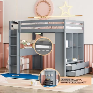 Kumix Loft Bed Full Size, Wood Loft Bed with Desk, Shelves, LED Light and Drawers for Kids Teens Adults, Full Loft Bed Frame with Full Length Guardrail and Ladder for Bedroom, Space-Saving, Gray