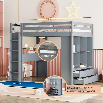 Kumix Loft Bed Full Size, Wood Loft Bed with Desk, Shelves, LED Light and Drawers for Kids Teens Adults, Full Loft Bed Frame with Full Length Guardrail and Ladder for Bedroom, Space-Saving, Gray