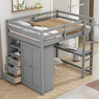 Kumix Loft Bed Full Size with Desk, Wood Loft Bed with Built-in Wardrobe, Storage Shelves and Drawers for Kids Teens Adults, Heavy Duty Loft Bed Frame for Bedroom, Dorm, Noise-Free, Gray