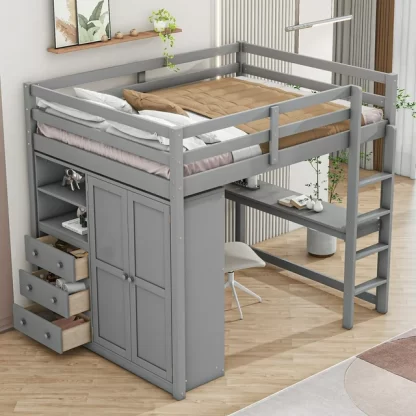 Kumix Loft Bed Full Size with Desk, Wood Loft Bed with Built-in Wardrobe, Storage Shelves and Drawers for Kids Teens Adults, Heavy Duty Loft Bed Frame for Bedroom, Dorm, Noise-Free, Gray