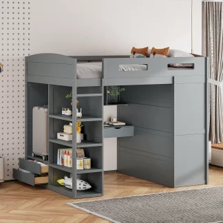 Kumix Loft Bed Full Size with Desk, Wood Loft Bed with Wardrobes, 4 Drawers and 4 Shelves for Kids Teens Adults, Heavy Duty Loft Bed with Safety Guardrail and Ladder for Bedroom, Gray