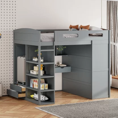 Kumix Loft Bed Full Size with Desk, Wood Loft Bed with Wardrobes, 4 Drawers and 4 Shelves for Kids Teens Adults, Heavy Duty Loft Bed with Safety Guardrail and Ladder for Bedroom, Gray