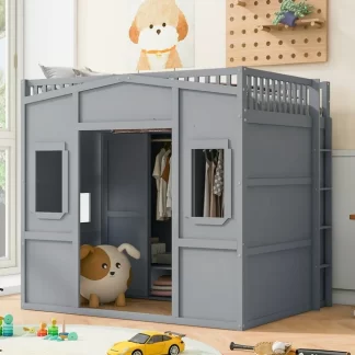 Kumix Loft Bed Full Size, House Loft Bed with Wardrobe, Shelves, Full Length Guardrail, Build-in Ladder for Kids Teens Adults, Space-Saving Loft Bed Frame, Noise-Free, Easy Assembly, Gray