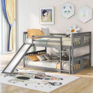Kumix Bunk Bed with Slide, Full over Full Bunk Bed Full Length Guardrail and Ladder for Kids Teens Adults, Wood Bunk Bed for Bedroom, Low Bed for Toddler, 2 in 1 Bunk Beds, Noise-Free, Gray