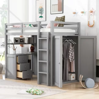 Kumix Loft Bed Twin Size, Wood Loft Bed with Drawers, Desk, Shelf and Wardrobe for Kids Teens Adults, Heavy Duty Loft Bed with Safety Guardrail and Ladder for Bedroom, Noise-Free, Gray