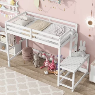 Kumix Loft Bed Twin Size, Wood Loft Bed with Ladder Landing Platform Full Length Guardrail and Ladders for Kids Teens Adults, Heavy Duty Loft Bed with Under Bed Storage, Noise-Free, White