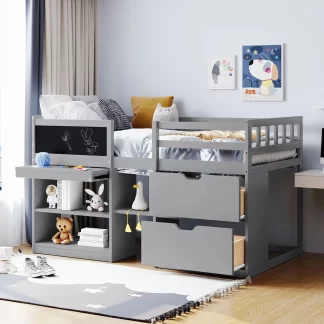 Kumix Loft Bed Twin Size, Low Loft Bed with Rolling Desk, Shelf and Drawers for Kids Teens Adults, Wood Loft Bed with Full Length Guardrail and Ladder for Bedroom, Noise-Free, Gray
