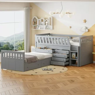 Kumix Twin Loft and Twin Platform Bed, L-shaped Loft Bed with 7 Drawers, Ladder and Full Guardrails, Wood Loft Bed for Kids Teens Guests, Space-Saving, Noise-Free, Large Storage, Gray