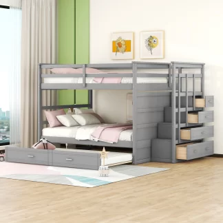 Kumix Bunk Bed with Trundle, Full over Full Bunk Bed with Staircase, Drawers and Full Length Guardrail for Kids Teens Adults, Wood Bunk Bed Frame for Bedroom, Dorm, Noise-Free, Grey