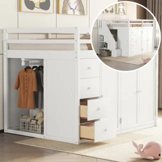 Kumix Loft Bed Full Size, Wood Loft Bed with Built-in Wardrobes, Cabinets and Drawers, Storage Staircase for Kids Teens, Full Loft Bed Frame with Safety Guardrail for Bedroom, Noise-Free, White