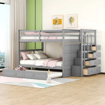 Kumix Bunk Bed with Trundle, Full over Full Bunk Bed with Staircase, Drawers and Full Length Guardrail for Kids Teens Adults, Wood Bunk Bed Frame for Bedroom, Dorm, Noise-Free, Grey
