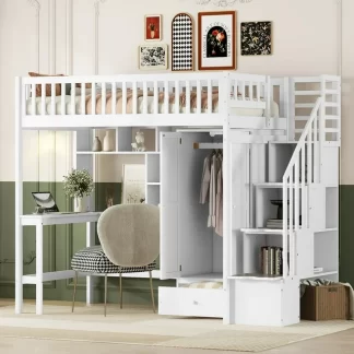 Kumix Loft Bed Twin Size with Desk, Wood Loft Bed with Bookshelf, Drawers, Storage Staircase Full Length Guardrail and Wardrobe, Heavy Duty Loft Bed for Kids Teens Adults, Space-Saving, White