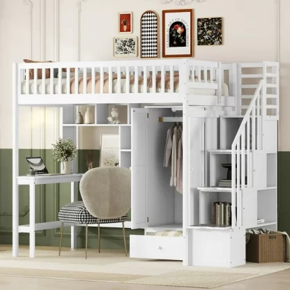 Kumix Loft Bed Twin Size with Desk, Wood Loft Bed with Bookshelf, Drawers, Storage Staircase Full Length Guardrail and Wardrobe, Heavy Duty Loft Bed for Kids Teens Adults, Space-Saving, White