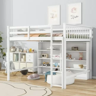 Kumix Loft Bed Full Size, Wood Loft Bed with 8 Open Storage Shelves and Built-in Ladder, Full Length Guardrail for Kids Teens Adults, Heavy Duty Loft Bed Frame for Bedroom, Space-Saving, White