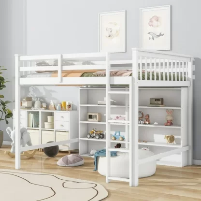 Kumix Loft Bed Full Size, Wood Loft Bed with 8 Open Storage Shelves and Built-in Ladder, Full Length Guardrail for Kids Teens Adults, Heavy Duty Loft Bed Frame for Bedroom, Space-Saving, White