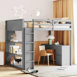 Kumix Loft Bed Full Size, Wood Loft Bed with Desk, 3 Shelves, 4 Drawers Full Length Guardrail and Ladder for Kids Teens Adults, Space-Saving Loft Bed Frame for Bedroom, Noise-Free, Gray