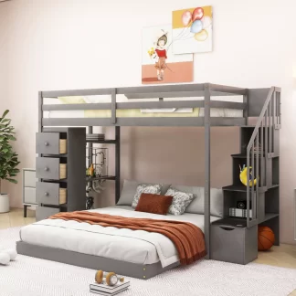 Kumix Twin over Full Bunk Bed, Wood Bunk Bed with 3-layer Shelves, Drawers and Storage Stairs for Kids Teens Guests, Heavy Duty Bunk Bed with Safety Guardrail and Ladder, 2 in 1 Bunk Beds, Gray