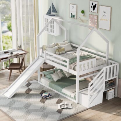 Kumix House Bunk Bed with Slide, Twin over Twin Bunk Bed with Full Length Guardrail and Ladder for Kids Teens, Wood Bunk Bed Frame for Bedroom, Low Bed for Toddler, Noise-Free, White