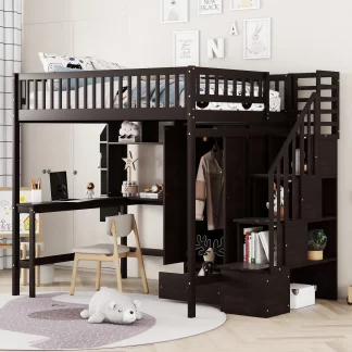 Kumix Loft Bed Full Size, Wood Loft Bed with Bookshelf, Drawers, Desk, and Wardrobe, Heavy Duty Loft Bed with Full Length Guardrail and Ladder for Kids Teens Adults, Noise-Free, Espresso