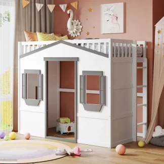 Kumix Loft Bed Twin Size, House Bed with Roof, Two Windows, Full Length Guardrail and Inclined Ladder for Kids Teens Boys/Girls, Wood Loft Bed for Bedroom, Dorm, Noise-Free, Space-Saving, White+Gray