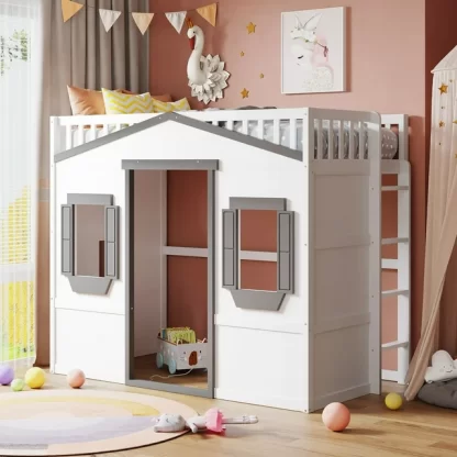 Kumix Loft Bed Twin Size, House Bed with Roof, Two Windows, Full Length Guardrail and Inclined Ladder for Kids Teens Boys/Girls, Wood Loft Bed for Bedroom, Dorm, Noise-Free, Space-Saving, White+Gray