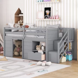 Kumix Loft Bed Twin Size, Low Loft Bed with Drawer, Shelf, Stair Full Length Guardrail for Kids Teens Adults, Noise-Free Loft Bed Frame for Bedroom, Spacious Under Bed Space, Gray