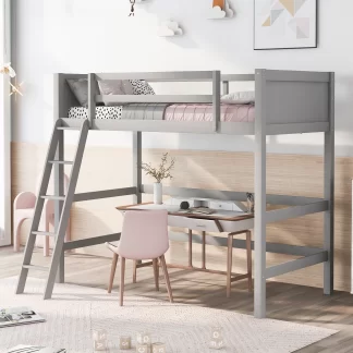 Kumix Loft Bed Twin Size, Wood Loft Bed with Full Length Guardrail and Inclined Ladder for Kids Teens Adults, Heavy Duty Loft Bed for Bedroom, Dorm, Spacious Under Bed Space, Noise-Free, Gray